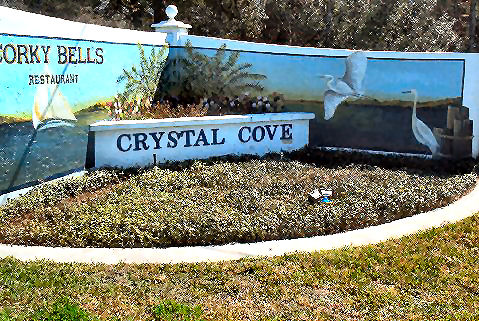 crystal cove, entry, mural, river, and sail boat 2